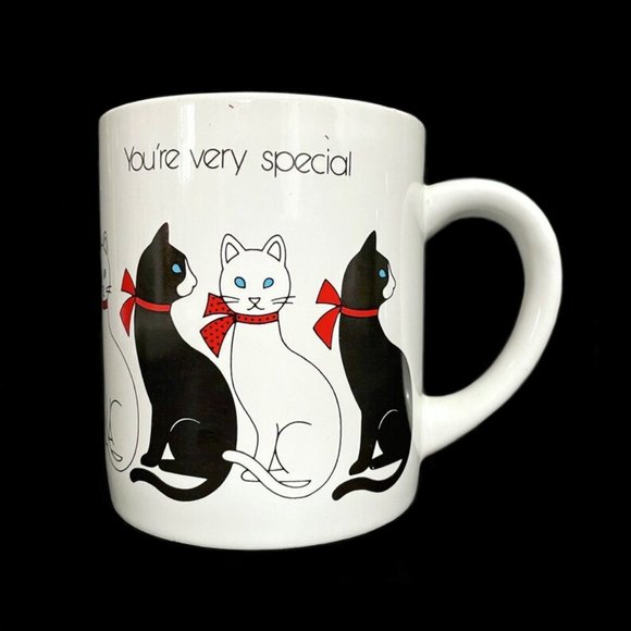 Vintage 1985 Applause The Card Mug Black White Ribbon Cats "You're Very Special" - Picture 1 of 5